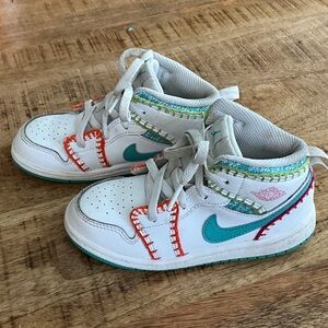Nike Air Jordan 1 Mid Multi Knit Sneakers in White with Teal and Orange Accents